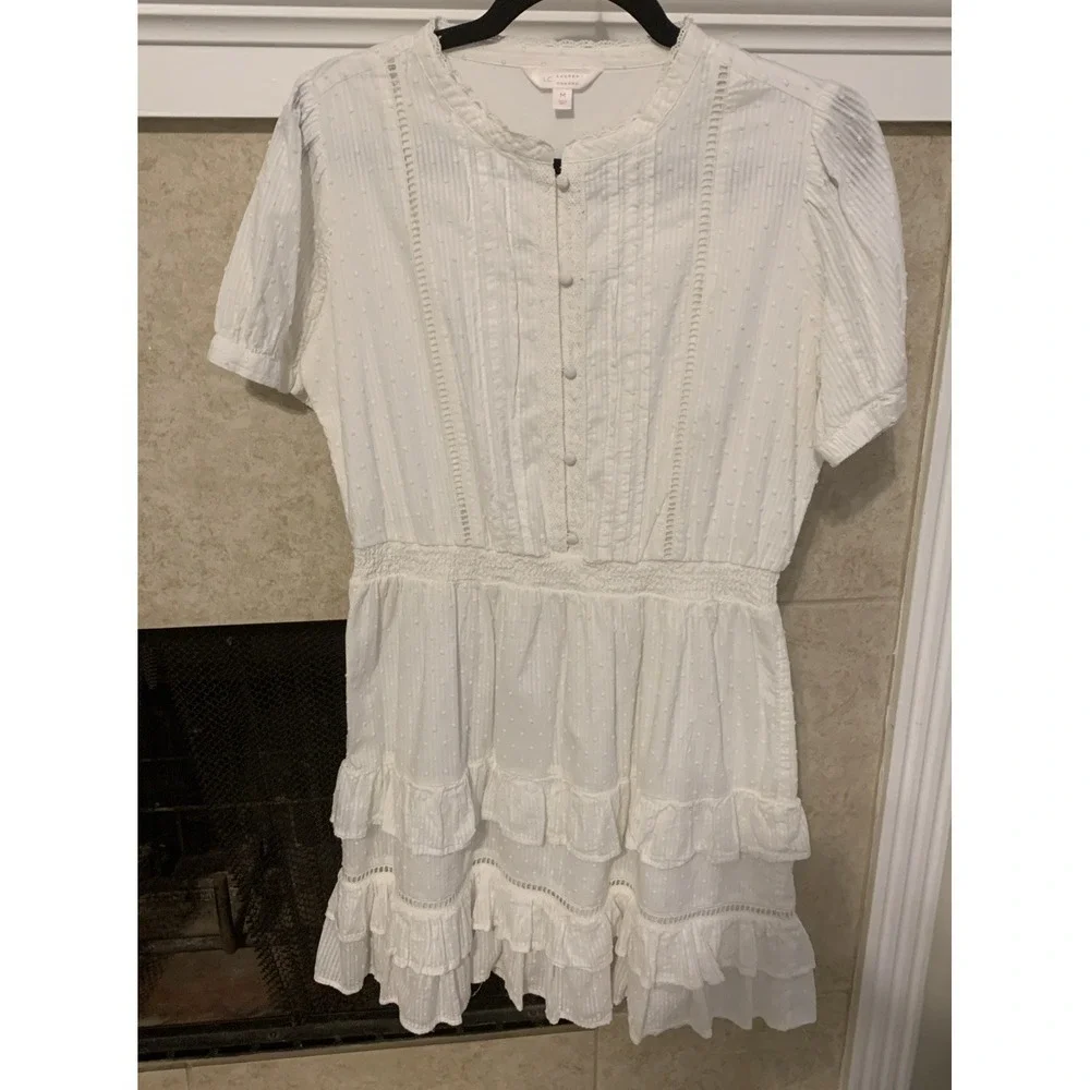 Lauren Conrad Women's Dress Short Sleeve White Ruffled Elastic Waist Size M